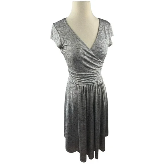 Maeve x Anthropologie Tamera Metallic Silver Shimmer Jersey Dress Faux Wrap XS - Picture 2 of 15
